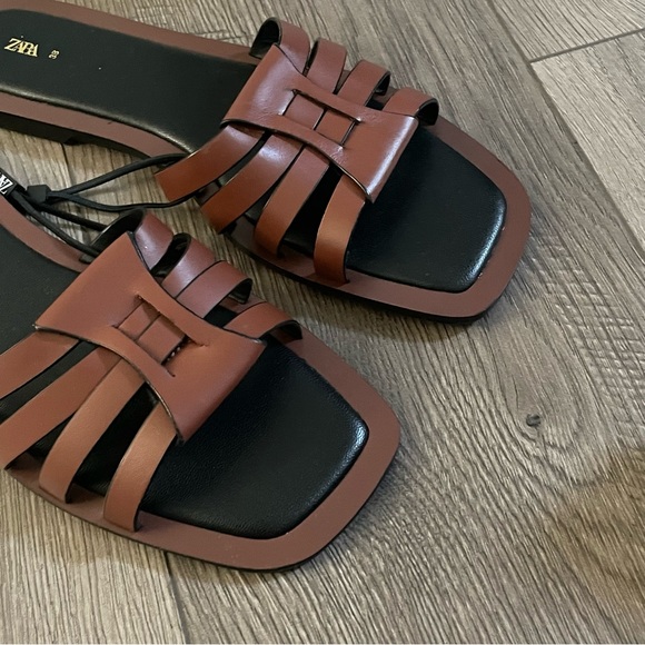Zara Square Toe Crossed Straps Flat Leather Fisherman Sandals Sz:7.5 Brown - Picture 10 of 10